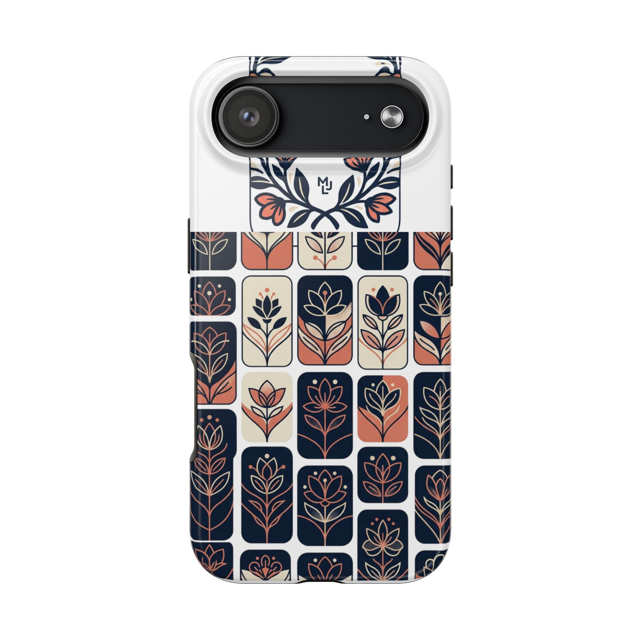 Floral Tile Tough Phone Case — Retro Navy & Coral Botanical Protection