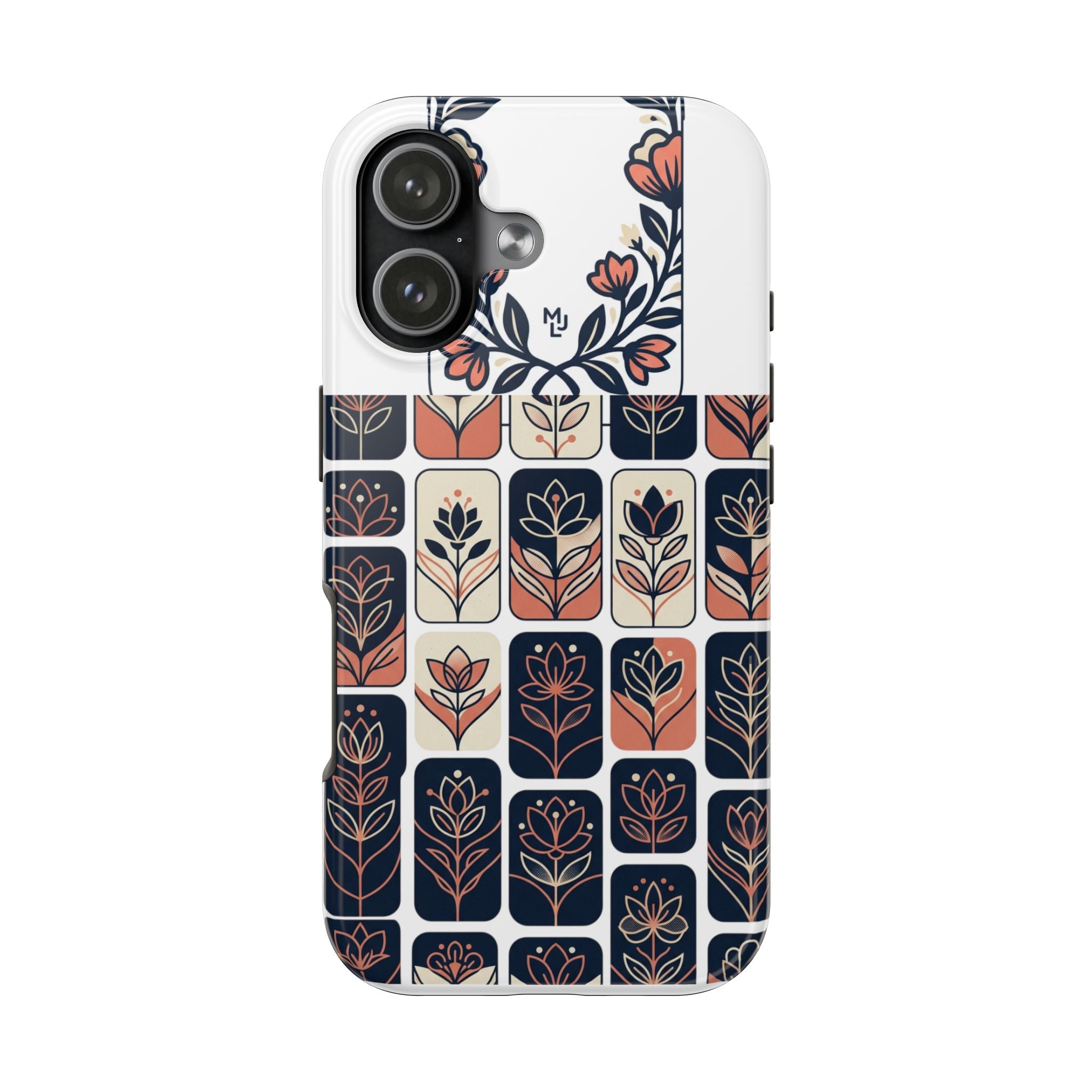 Floral Tile Tough Phone Case — Retro Navy & Coral Botanical Protection