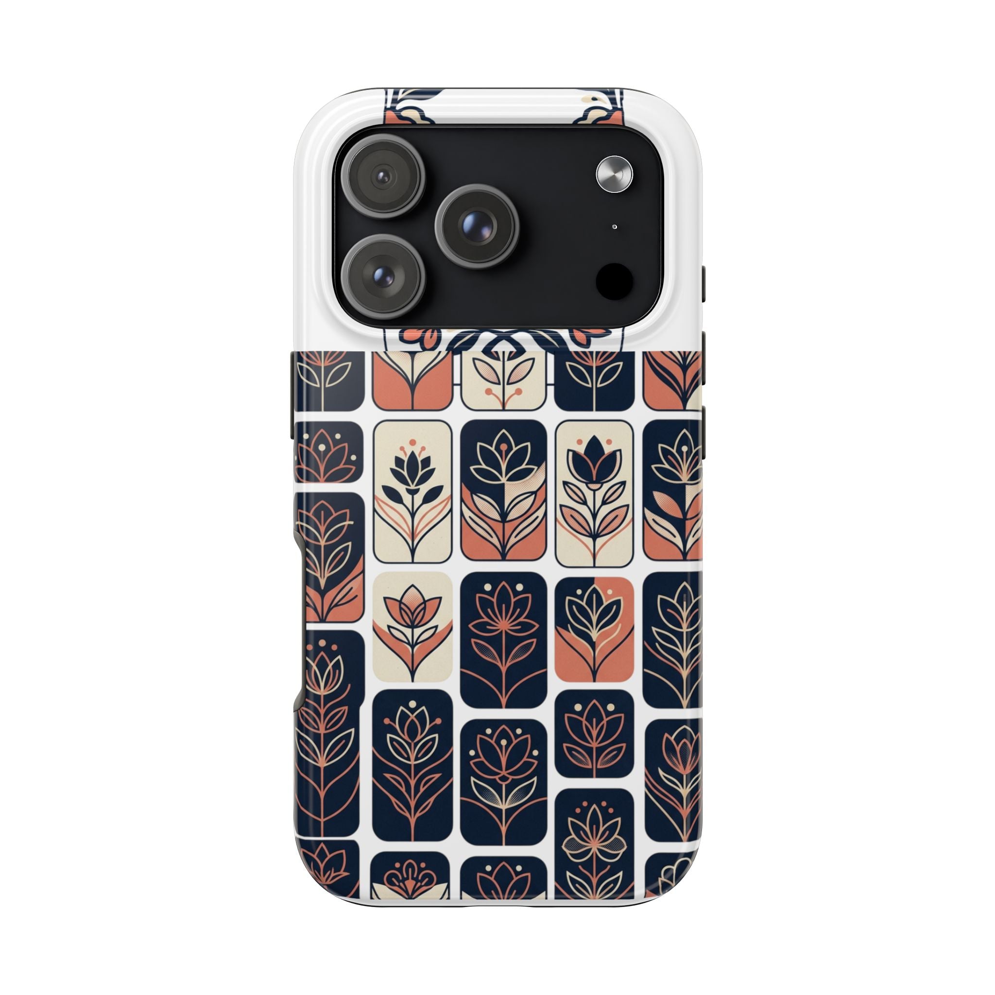 Floral Tile Tough Phone Case — Retro Navy & Coral Botanical Protection