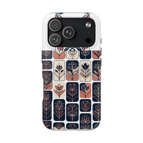 Floral Tile Tough Phone Case — Retro Navy & Coral Botanical Protection