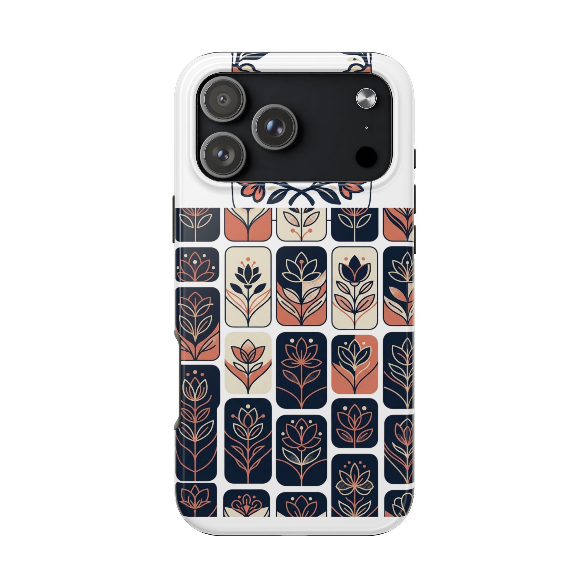 Floral Tile Tough Phone Case — Retro Navy & Coral Botanical Protection